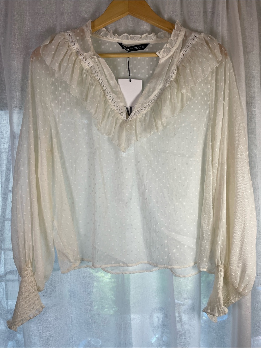 Zara Cream Sheer Ruffled V-Neck Blouse